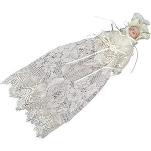 Vintage Porcelain Baby Doll in Ivory Lace Christening Gown